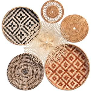 KushimHome Wall Basket Decor Set - 18" to 9" Hanging Boho Art, Bamboo Seagrass Rattan Woven Baskets, 17.7x1, 16"x1, 15"x2, 11"x1, 9"x1
