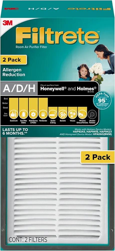 Filtrete Allergen Reduction True HEPA Room Air Purifier Filter, 2 Pack, Size 9.96 in. x 4.69 in., Works with Filtrete FAP-TT-ADH device Filtrete Allergen Reduction True HEPA Room Air Purifier Filter, 2 Pack, Size 9.96 in. x 4.69 in., Works with Filtrete FAP-TT-ADH device