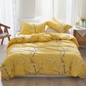 WONGS BEDDING Yellow Floral Duvet Cover Set Queen, 3 Pieces Flower Plum Blossom Printed Bedding Set with 2 Pillowcases, Botanical Branch Comforter Cover Set Queen Size 90"X90" (Not Comforter)