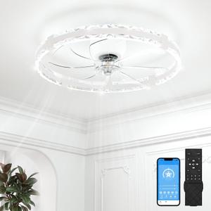 VOLISUN Low Profile Ceiling Fans with Lights and Remote, 24in Fandelier Ceiling Fans with Lights Flush Mount, Dimmable Bladeless LED Ceiling Fan Light, White Modern Ceiling Fan Light for Bedroom