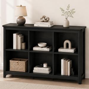 6 Cube Storage Bookcase, Wood Modern Horizontal Bookshelf, Rounded Corners, 43.35" W x 11.81" D x 30.12" H