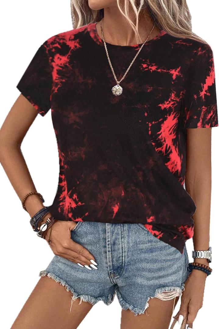 SOFIA'S CHOICE Women's Crewneck Tie Dye Shirts Fitted Short Sleeve Casual Summer Tee Tops Red Black Small 