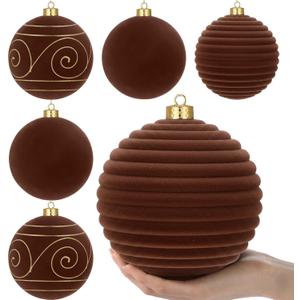 Suzile 6 Pack 6 Inch Large Velvet Christmas Ball Ornaments Brown Flocked Christmas Tree Hanging Balls Vintage Xmas Tree Ornaments for Xmas Holiday Party Hanging Decorations
