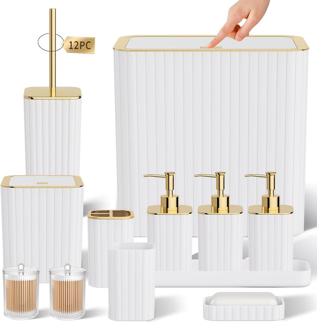 Bathroom Accessory Set - Bathroom Set, 12PC Bathroom Accessories Set, White Bathroom Accessories Set, Mini Trash Can, Toilet Brush, Trash Can & Soap Dispenser