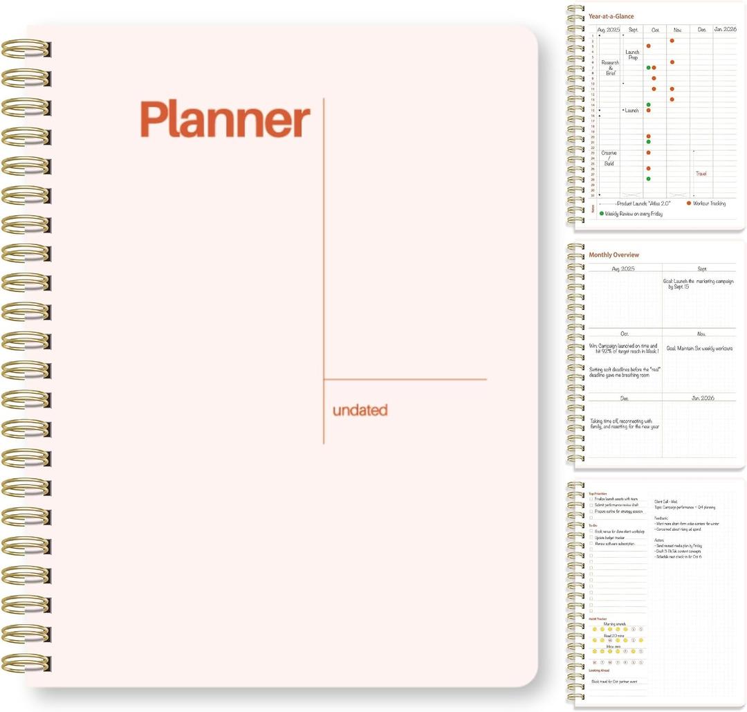Undated Weekly Planner, 8.5" x 11", Dashboard Layout with Yearly Review, Monthly Calendars, & Weekly To Do List, Spiral Bound Organizer for Work, Study & Life (Blush White)