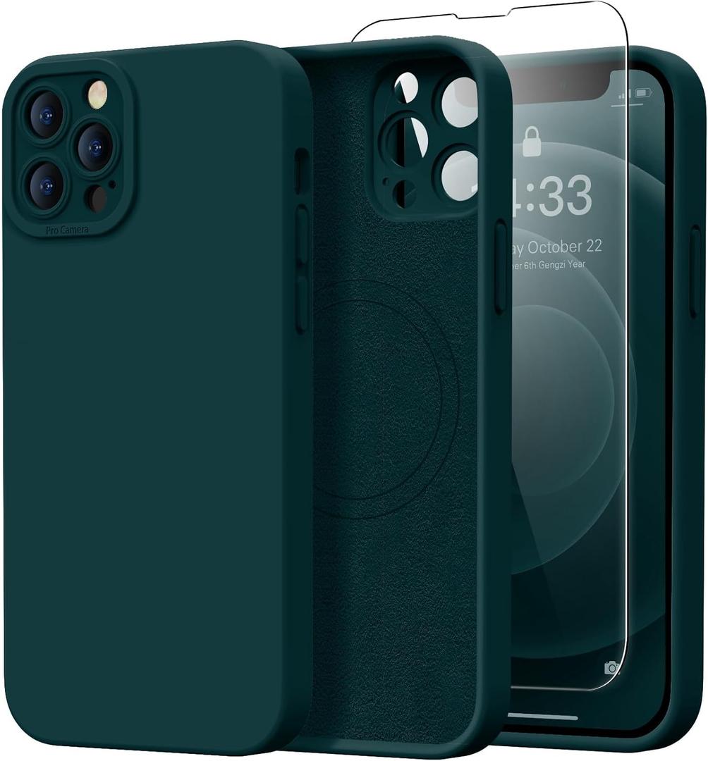 Magnetic for iPhone 13 Pro Max Case with Screen Protector - Wireless Charging Compatible - Upgraded Camera Protection - Silicone Protective Phone Case for iPhone 13 Pro Max - Pine Green