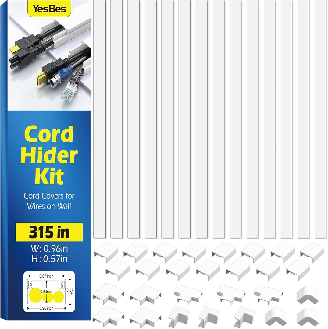 315in Cord Hider Kit, Paintable Cable Raceway, Cord Covers for Wires on Wall, Cord Hider for Wall Mount tv, tv Cable Hider Wall kit, Wire Covers for Cords, 20X L15.7in X W0.96in X H0.57in, White