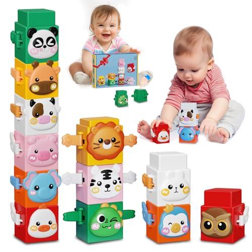 12 PCS Stacking Toys Set for Toddlers 18+ Months 1 2 3 4 Years Old Boys Girls Preschool Pressable Animals Stacking Blocks Sensory Toys with Cute Expressions Fun Easter Birthday Gifts for Kids