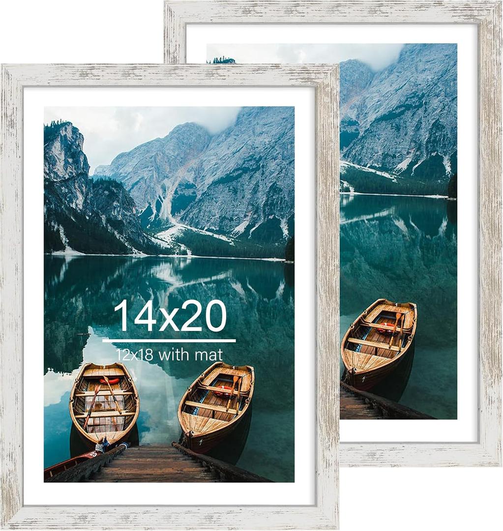 Hongkee 14x20 Picture Frame Set of 2, Distressed White Wood Style - Display 14 x 20 Picture without Mat or 12x18 Picture with Mat, Wall Mounting Horizontal and Vertical
