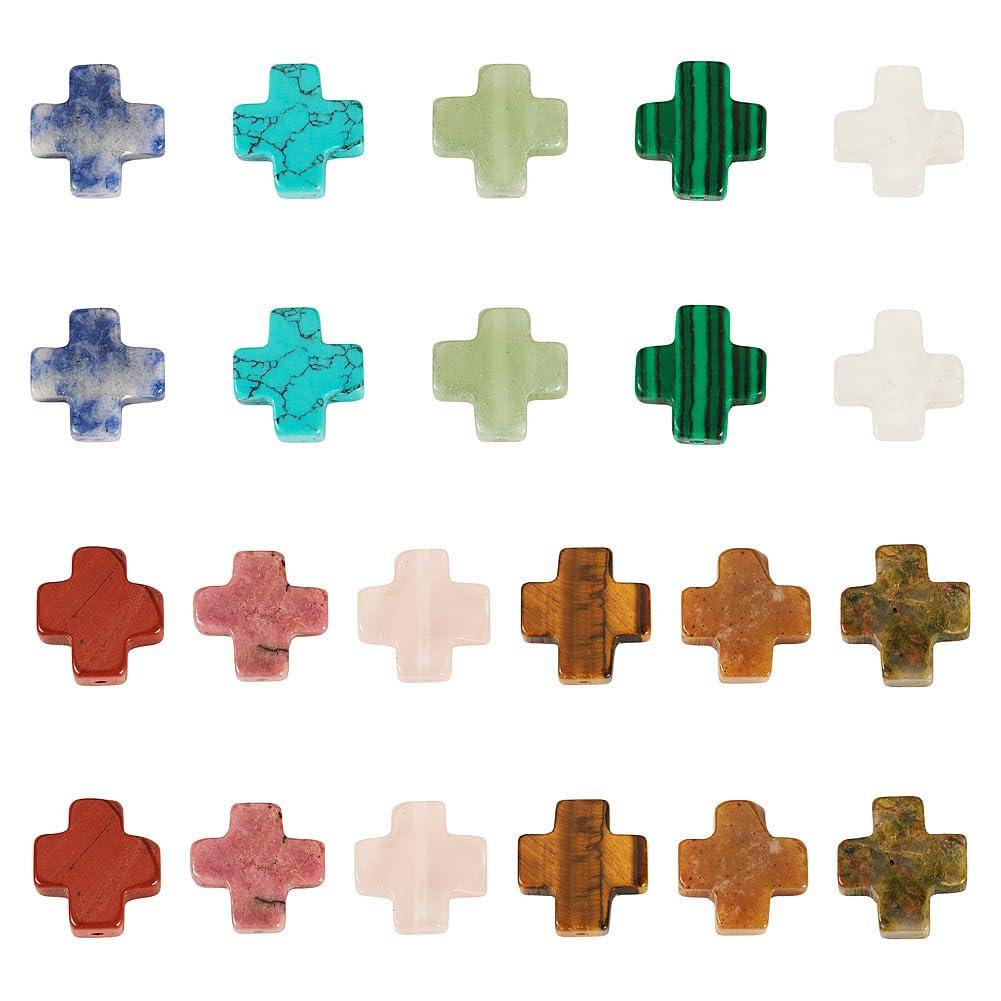 FASHEWELRY 22Pcs Mini Cross Gemstone Beads Bulk Assorted Tiny Pocket Easter Crosses Crucifix Crystal Natural Stone Cross Charm Beads for Bracelets Earring Necklace Jewelry Making