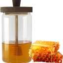 24 oz Glass Honey Jar with Wooden Dipper & Lid - Airtight Honey Pot, Wide Mouth Syrup Dispenser, No Drip Container for Home KitchenClear Honey Container for Home Kitchen