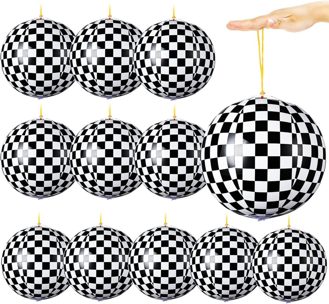 12 Pcs Punching Balloons for Kids PVC Inflatable Punch Bouncy Balloon Heavy Duty Race Car Party Favors Goodie Bags Stuffers Classroom Rewards Carnival Toy Prizes(Black White Checkered)