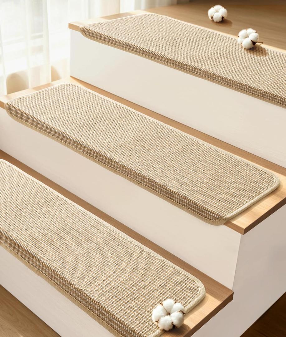 Bullnose Stair Treads for Wooden Steps: 14 Pack Bullnose Stair Carpet Treads Washable Non Slip Peel and Stick Carpet Runner for Wood Stairs 29.5"x9.5"x1.5" Beige and Natural