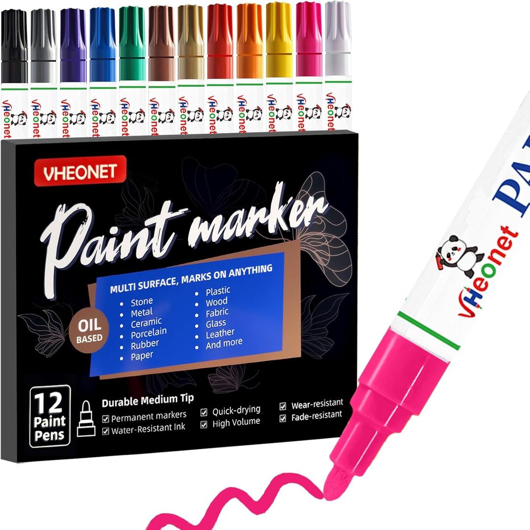 Premium Oil Based Paint Pens 12 Colors, Professional Permanent & Waterproof Markers, Medium Tip, Quick-Dry for Metal, Rock Painting, Glass, Ceramic, Wood, Plastic, Fabric, Mugs & Art Craft Projects