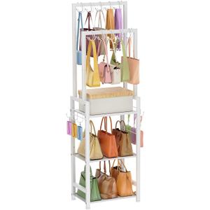 Tall Purse Organizer for Closet with 10 Purse Hanger & 6 Side Hooks,Floor-Standing Purse Rack Stand for Purse Storage,Narrow & High-Capacity Handbag Organizer,Multi-Purpose Purse Shelf for Small Place