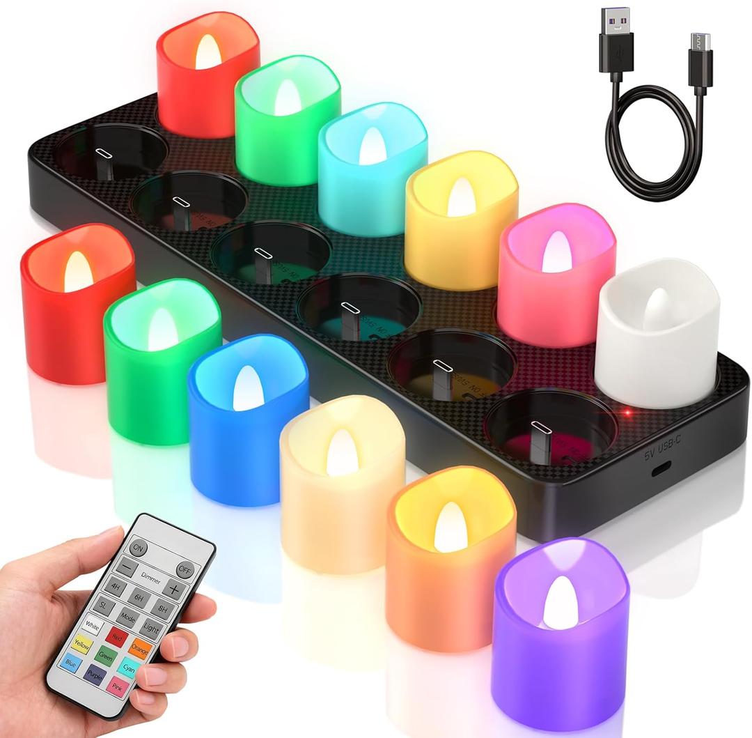 SoulBay Flameless Candles Color Changing Rechargeable, 12pcs LED Flickering Tea Lights Votives Candle with Charging Base & Remote Timer for Room Table Party Halloween Decorations, Multicolor, 1.57"