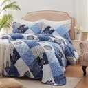 Full/Queen Size Quilt Set 3 Pieces Lightweight Reversible Bedspread-90''x98'' Soft Patchwork Floral Coverlet Luxurious Warm Microfiber Bed Cover All Seasons Blue Bedding Set(1 Quilt,2 Pillow Shams)