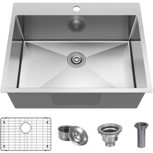 25x22 Inch Drop In Kitchen Sink, 18 Gauge 304 Stainless Steel Top Mount Single Bowl Kitchen Sink, 9 Inch Deep Small Kitchen/Bar Sink with Bottom Grid & Strainer, Brushed Finish, 25x22x9 Inch