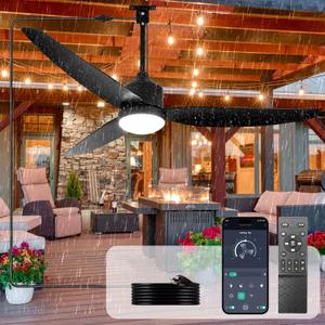 Depuley Outdoor Ceiling Fan with Light: 52-Inch Outside Waterproof Plug-in Ceiling Fans with Lights and Remote Control - 3-Blade Hanging Gazebo Outdoor Fans for Patios 6 Speeds Reversible - Black