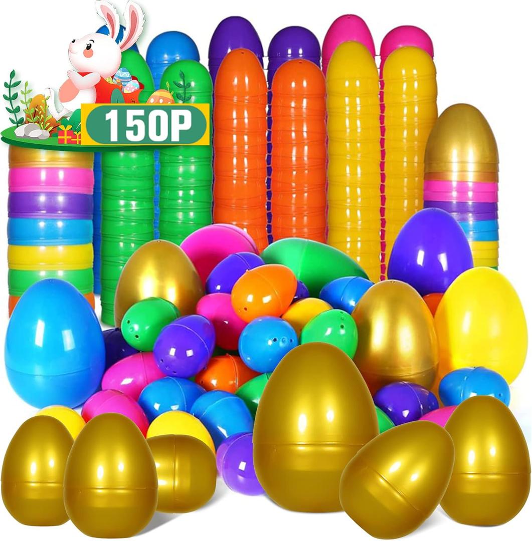 150Pcs 3.94" Easter Eggs Easter Plastic Eggs Surprise Toys Blind Bags Colorful Assortment Bright Empty Shells, Crafts Basket Stuffers for Party Hunt Games
