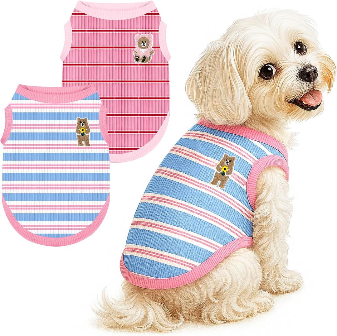 2 Pack Striped Small Dog Shirts Clothes for Girls Female Pink Cat Outfits Sleeveless Stretchy Puppy Tshirts Lightweight Pet Vest Breathable Doggy Tank Tops Chihuahua Yorkie Summer Clothing (Medium, Pink+Rose Red)