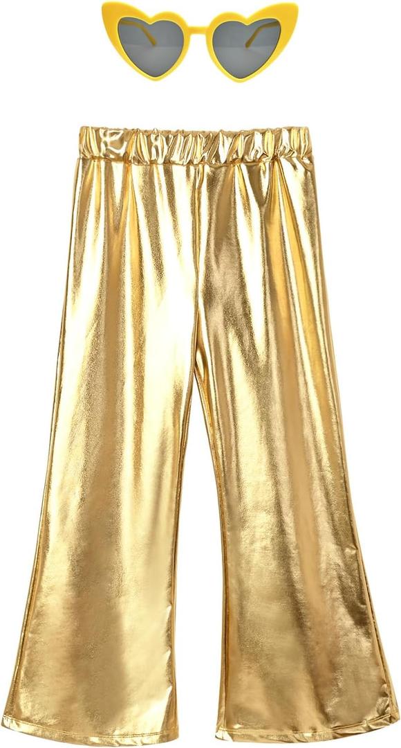 Perfashion Girls' Shiny Metallic Flared Pants Festival Dance Pants Disco with Sunglasses Wide Leg Trousers 6-15 Years (12-13 Years)