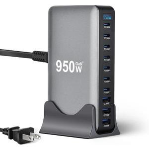 950W USB C Fast Charging Station, 10 Port GaN 4 Pro Charger Block, 140W PD PPS Port, Portable Charging Hub for Multiple Devices, Laptop Charger for iPhone, Samsung, MacBook Pro/Air, iPad (Grey)