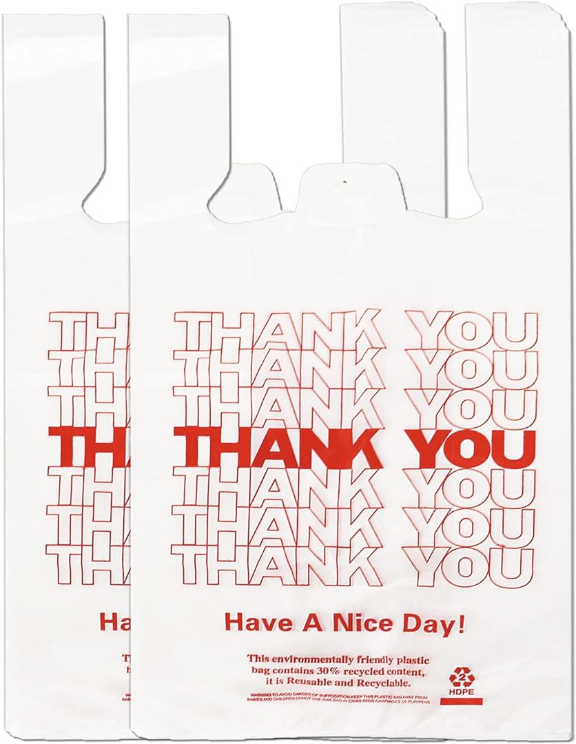 YoYoRain White Thank you T shirt bag, Grocery shopping bag Reusable and Disposable Supermarket Bag 11''x6''x21'' 100PCS (Large)