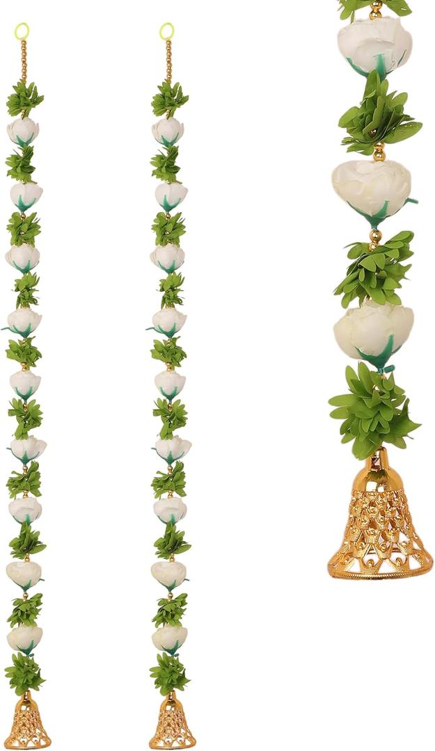 Set of 2 Door Hanging with Artificial Rose Flower Made up of String Hanging and Beads with Bell for Home Wall Temple Indian Traditional Festival Diwali Decorations Home Decor (Size:-36"X2")(White)