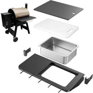 Upgraded Folding Front Shelf Accessories for Traeger Pro 22, Pro 575, Ironwood 650, BAC362, All-in-One Grill Table with Works Cutting Board,Basin,5 Hooks, Steel Grill Accessory for Food Prep & Storage