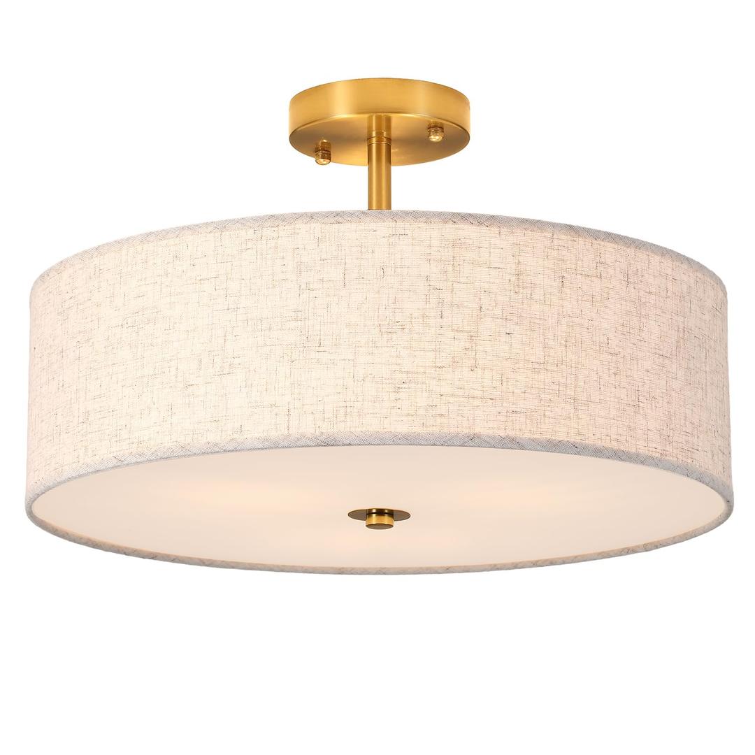 17.7" Gold Semi Flush Mount Ceiling Light,3-Light Modern Linen Fixture
