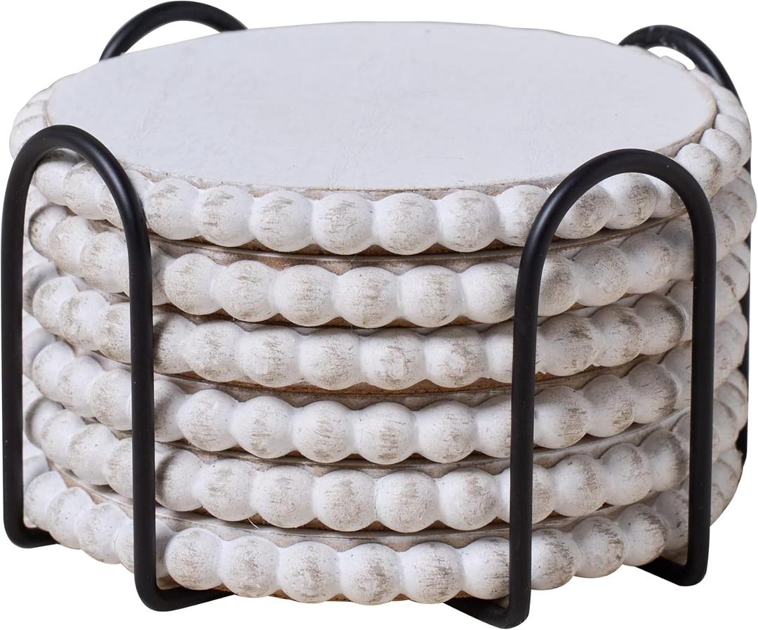 GENMOUS 6 Pack Farmhouse Wooden Bead Coasters with Metal Holder for Coffee Table Decor, Round Handmade Cup Coasters Set for Drinks Absorbent, Rustic Cute Coaster for Home Kitchen Table Dcor