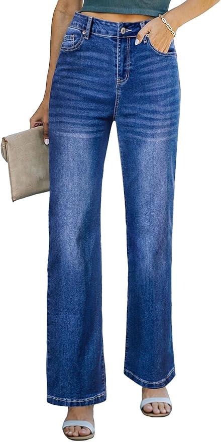 Wide Leg Jeans for Women Casual High Waisted Strechy Straight Leg Loose Tummy Control Denim Pants with Pocket, Size 6