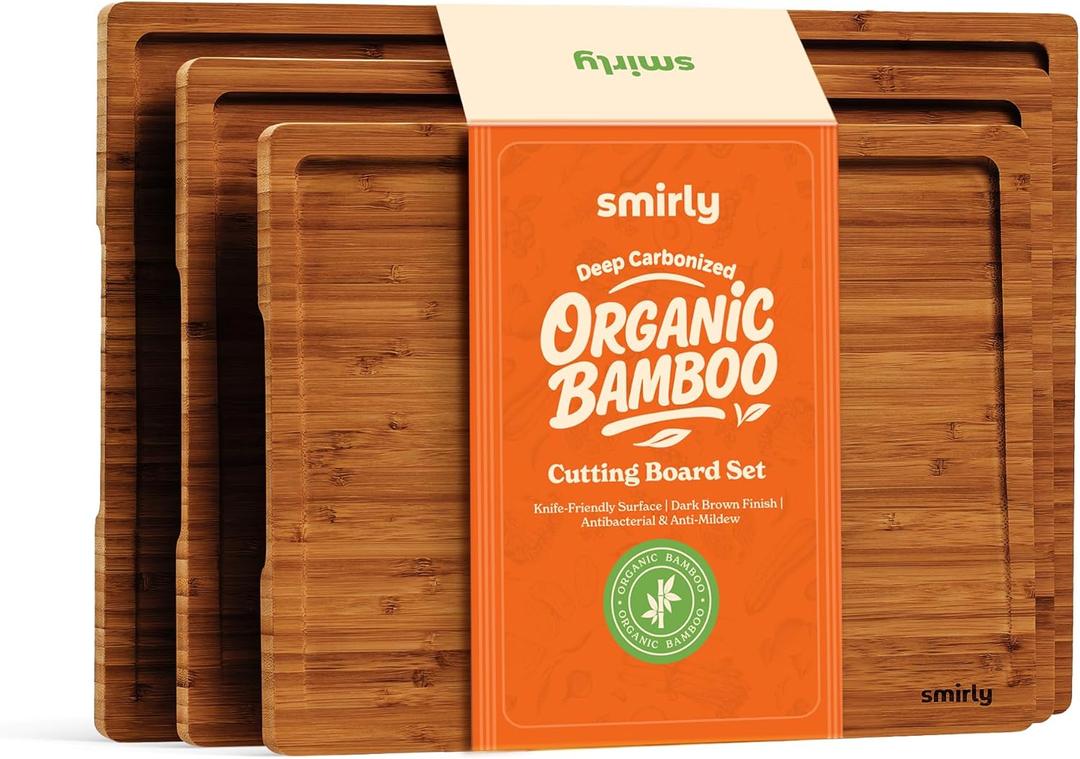SMIRLY Bamboo Wooden Cutting Boards, Wood Cutting Board for Kitchen, Set of 3 with Deep Juice Grooves, Ideal for Chopping Meat Vegetables, Charcuterie Cheese Serving Tray, Kitchen Gadgets