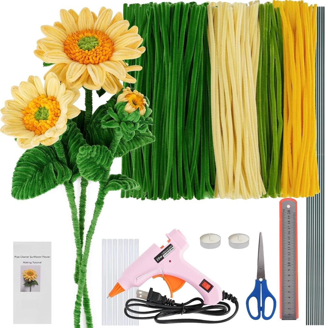 Pipe Cleaners Craft,Sunflower Pipe Cleaner Flowers,4 Assorted Colors Pipe Cleaners Bulk,Chenille Stems for DIY Flower Making Kit with Floral Wires,Scissors,Ruler,Hot Melt Glue Guns and Glue Sticks (bud,Large and small sunflowers)