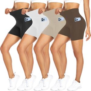 FULLSOFT 4 Pack Biker Shorts for Women with Pockets  5" High Waisted Tummy Control Workout Yoga Running Gym Tennis Shorts (XX-Large-3X-Large, 4 Pack Black/White/Mocha/Khaki)
