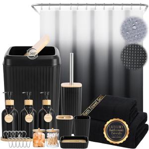32PCS Bathroom Set Bathroom Accessories with Shower Curtain and Bath Towel,Trash Can,Bathroom Decor,Black Shower Curtain Set,Toilet Brush,Trash Can & 3PCS Soap Dispenser