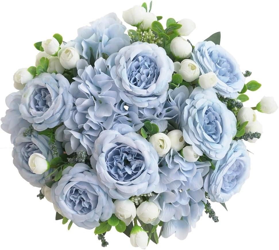 karoro 4 Bunches Peonies Artificial Flowers, Silk Peonies Flowers Fake Bouquet Faux Floral Arrangements for Centerpiece Table Wedding Party Home Decor (4, Blue White)