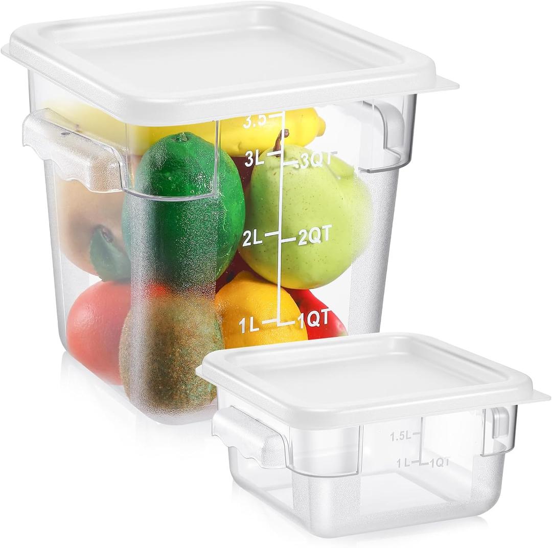 2 Pieces Square Food Storage Containers Polycarbonate Clear food Container with Lid Commercial Storage with Graduations for Commercial Kitchen Dough Marinating Meat (White,2 Qt,4 Qt)