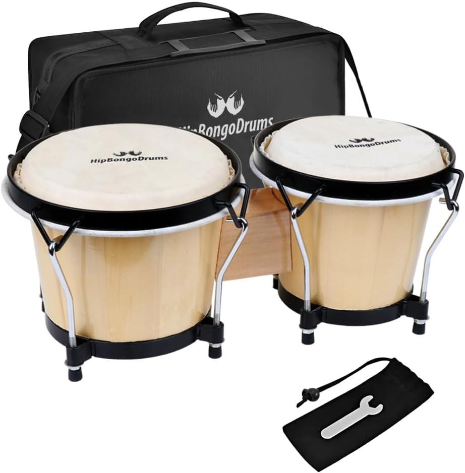 Bongo Drum Set for Adults Kids Beginners Professionals, Upgrade Packaging, Set of 6 & 7 inch Tunable Percussion Instruments Natural Animal Hides Hickory Shells Wood Metal Congas with Tuning Wrench