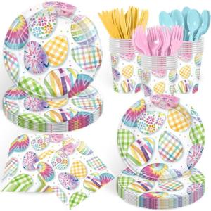 168PCS Easter Party Supplies Watercolor Easter Eggs Party Decorations Colorful Tie-dye Paper Plates Napkins Cups and Forks for Spring Celebration Easter Day Egg Hunt Holiday Brunch Serves 24