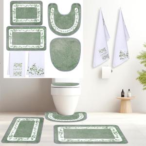 Nuanchu 6 Pcs Sage Green Bathroom Rugs Set with Eucalyptus Leaves Hand Flowers Towels Non Slip U-Shaped Fresh Toilet Rug Water Absorption Bath Mat for Bathroom Bedroom Living Room