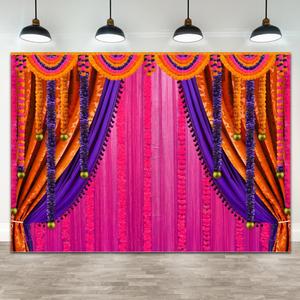 Pooja Backdrop Decoration Cloth Items Indian Ganpati Puja Traditional Chatiya Ganesh Mehndi Photography Background Festival Wedding Party Marigold Garlands Banner Photo Booth Props 7x5ft