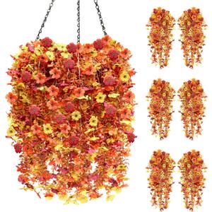 Artificial Hanging Flowers for Outdoor Fall Decoration, 6Pcs Faux Silk Daisy UV Resistant Look Real for Outside Home Indoor Planter Porch Window Yard Mums Autumn Decor (Yellow Sunset Orange)