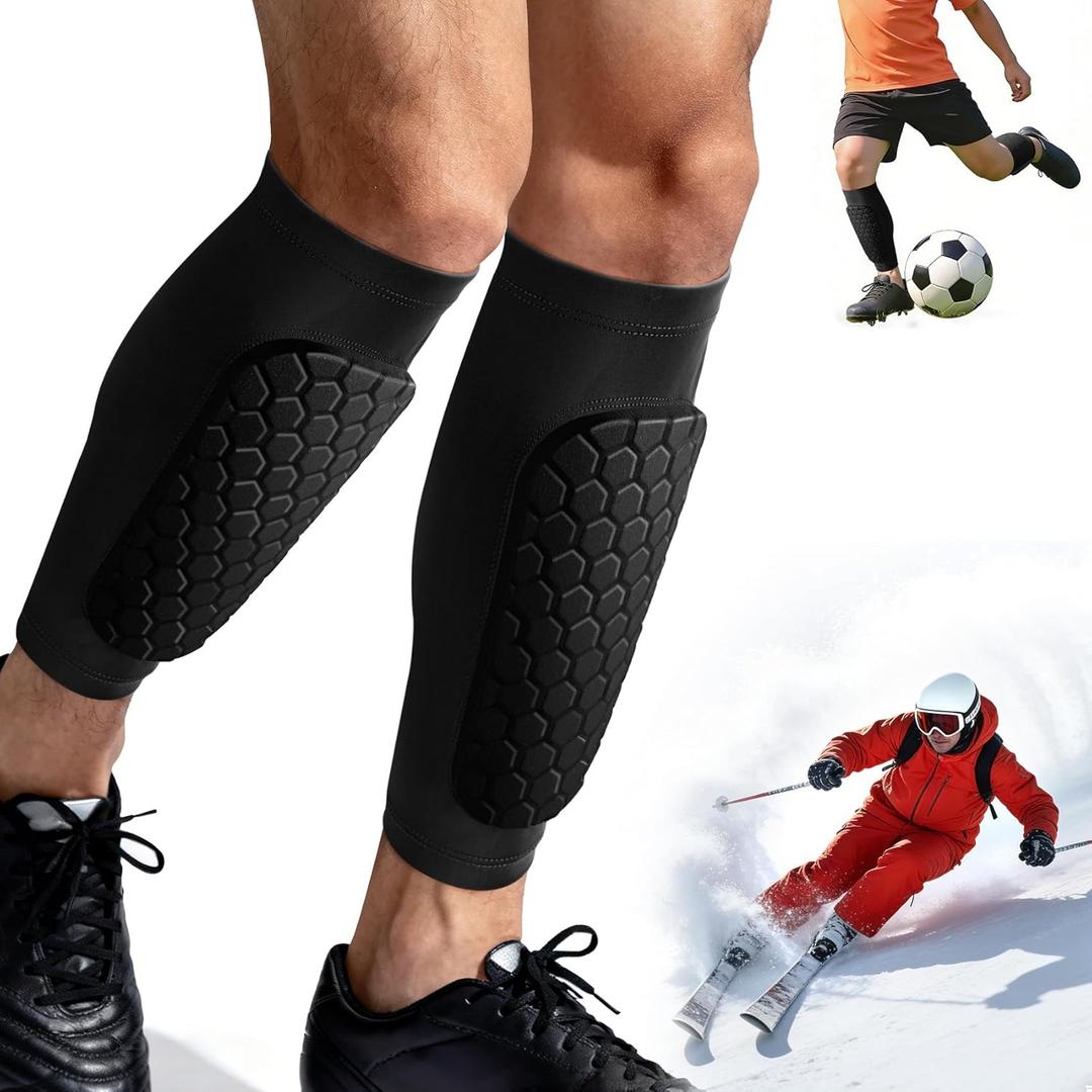 XZQTIVE Soccer Shin Guards Shin Defender for Kids Youth Adult, Ski Shin Guards Calf Compression Sleeve with Honeycomb Shin Pads (XX-Small, black)