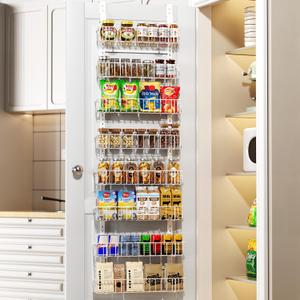 Delamu Adjustable Cabinet Door Organizer, 8-Tier Hanging Spice Rack Organizer, Metal Over the Door Pantry Organizer, Pantry Organizers and Storage Shelves for Kitchen Bathroom Laundry Room, White