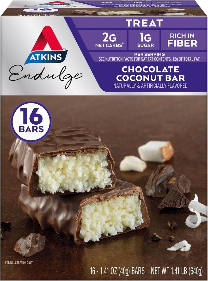 Atkins Endulge Chocolate Coconut Flavored Bar, Low Sugar Treat, High in Fiber, 16 Count, Best By: 06/2026
