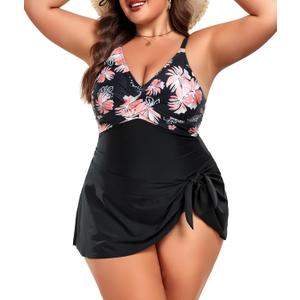 MFAVIP Women Plus Size Swim Dress Tummy Control One Piece Swimsuit V Neck, 2XL