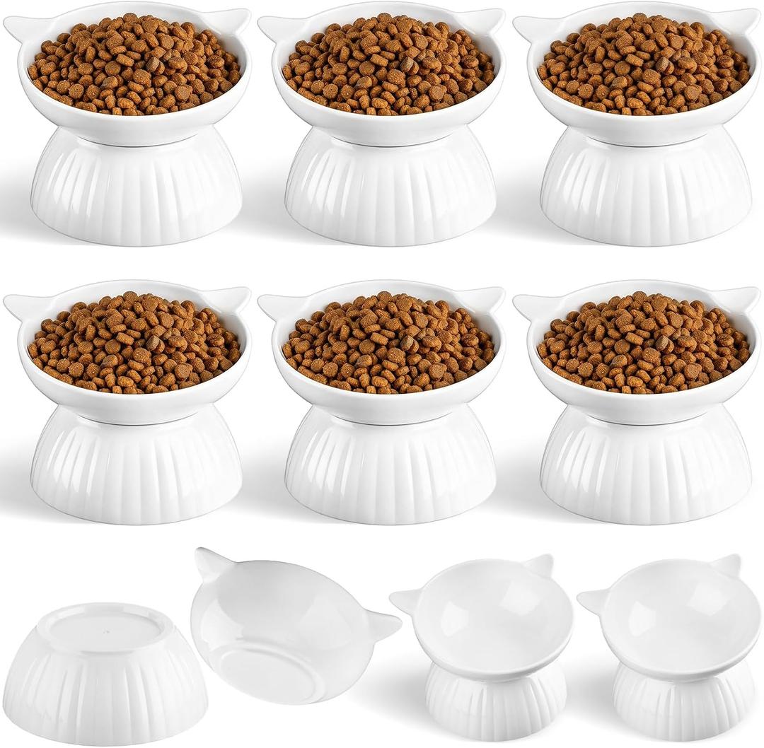 6 Pack Ceramic Raised Cat Bowl, 15 Tilted Anti-Vomiting Cat Food Dish, 5.6 Inch Wide Opening for Stress-Free Eating, Detachable Elevated Feeder for Senior Cats, Kittens, Small Dogs