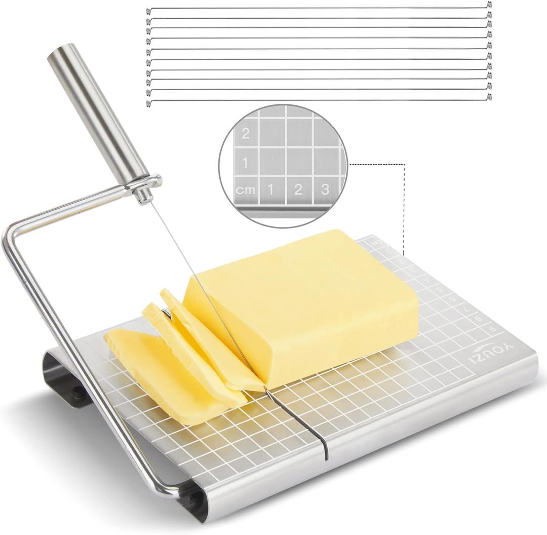 Stainless Steel Cheese Slicer with 10 Replacement Wires, Metal Cheese Cutter and Cutting Board - For Block Cheese